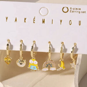 14K Gold Plated Minions Despicable Me Theme Huggie Hoop Mismatched Earrings Set